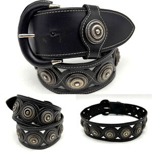 Vintage 80s Avignon 981 Black Leather Silver-tone Concho Waist Belt S 24-26"